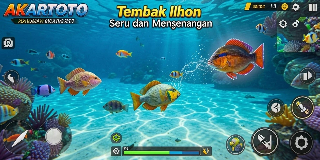 Tampilan gameplay AKARTOTO yang menampilkan aksi menembak ikan.