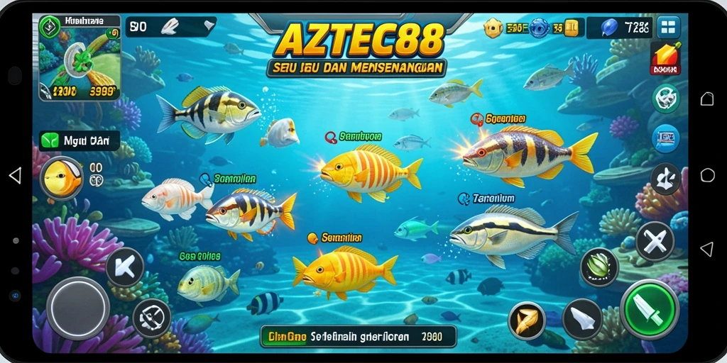 Tampilan gameplay seru dalam AZTEC88 saat menembak ikan.
