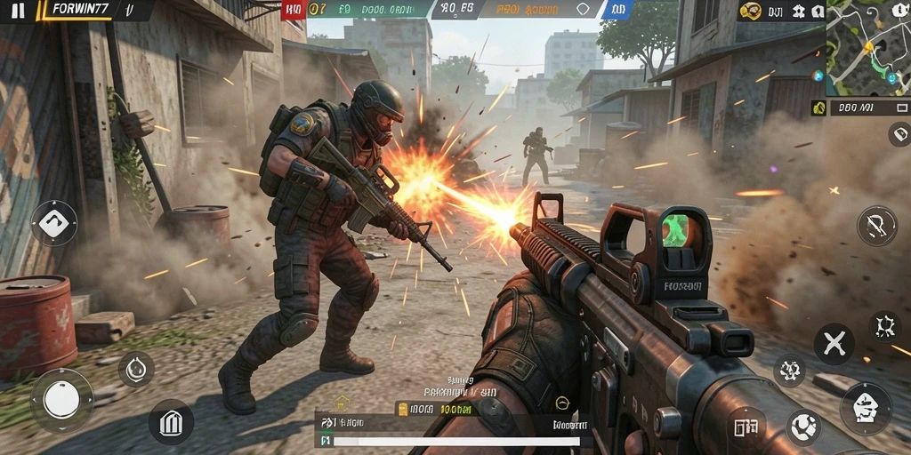 Screenshot gameplay FPS FORWIN77 yang penuh aksi dan strategi.
