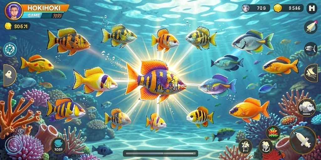 Tampilan seru gameplay HOKIHOKI dengan aksi menembak ikan.