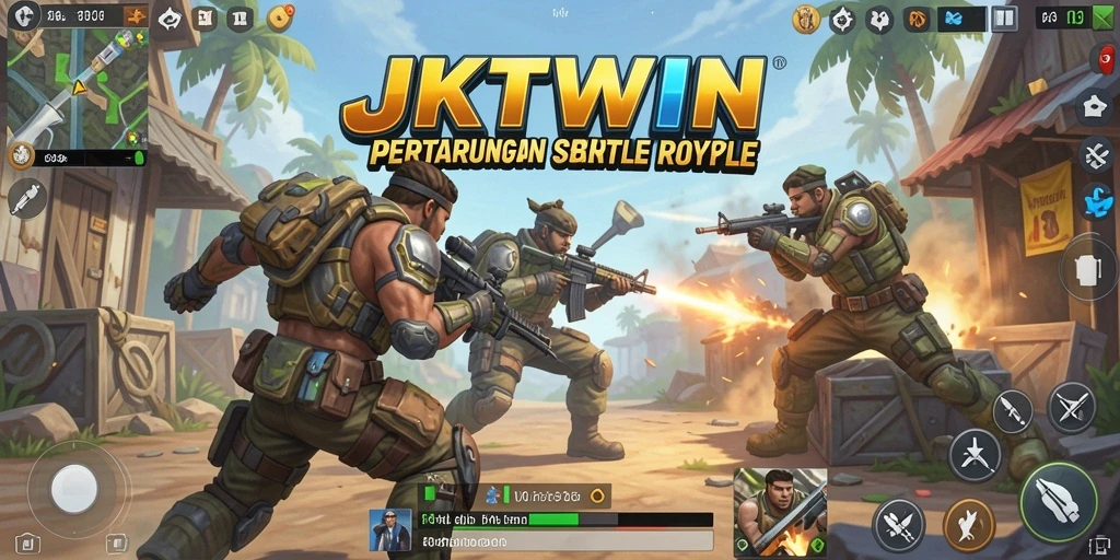 Screenshot utama JKTWIN menunjukkan pertarungan seru di arena Battle Royale.