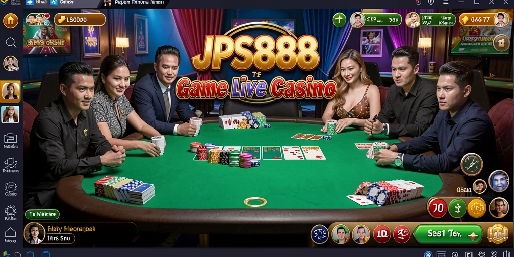 Tangkapan layar gameplay <strong>JPS888</strong> menampilkan dealer langsung dan suasana kasino yang mendebarkan.