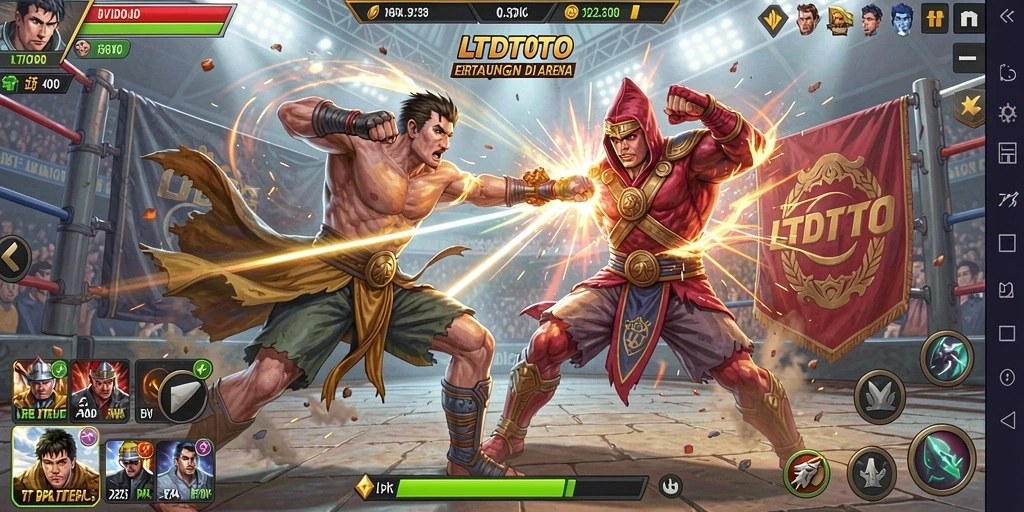 Screenshot LTDTOTO menampilkan pertarungan epik dalam arena.