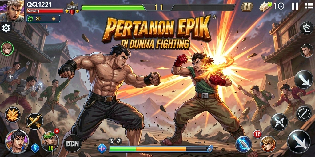 Screenshot dari gameplay Fighting QQ1221 menampilkan aksi pertarungan yang intens.