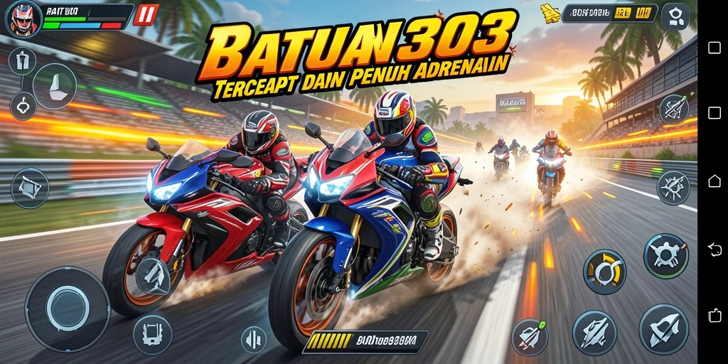 Screenshot utama dari gameplay <strong>RATU303</strong> menunjukkan aksi balapan motor yang mendebarkan.