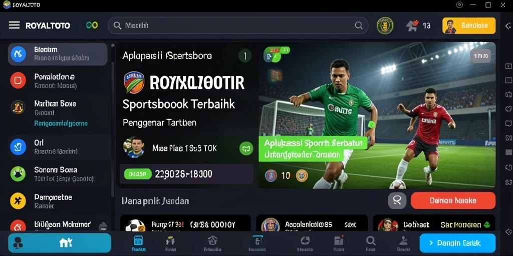 Tangkapan layar ROYALTOTO menampilkan interface pengguna aplikasi Sportsbook yang menarik.
